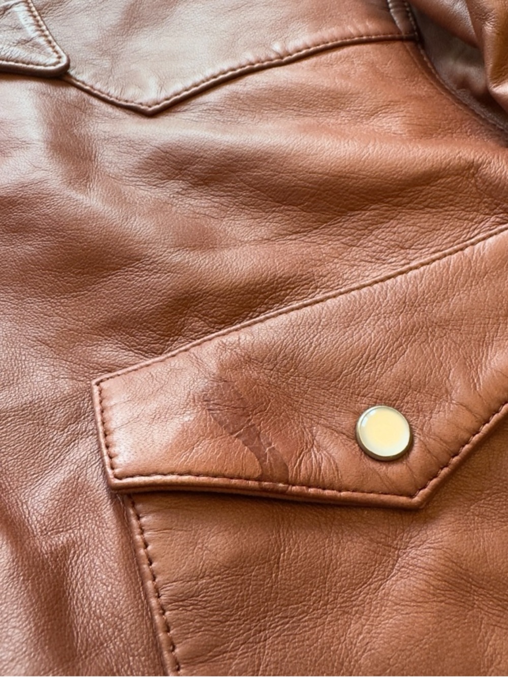 SPRWMN Brown Leather Snap Front Shirt Genuine Leather Small Quiet Luxury STAINED - Picture 13 of 16